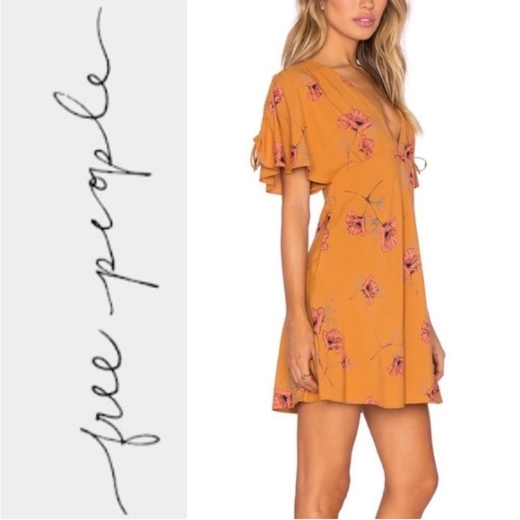 Free People Drapey Melanie Flutter Sleeve Mini Dress Mustard Combo - Picture 10 of 10